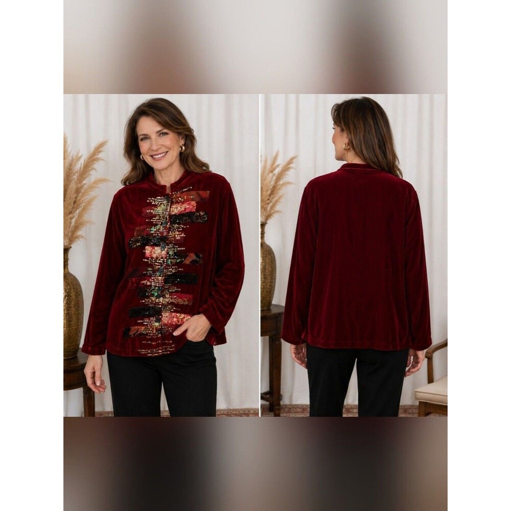 Vintage Chico’s Red Velvet Sequin Patchwork Jacket Silk Blend Sz L